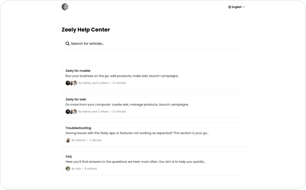 Zeely Help Center landing page screenshot