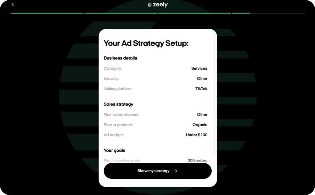 Zeely AI studio, strategy setup screenshot