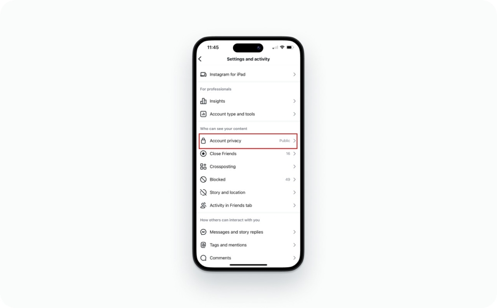 Settings and activity on Instagram screenshot