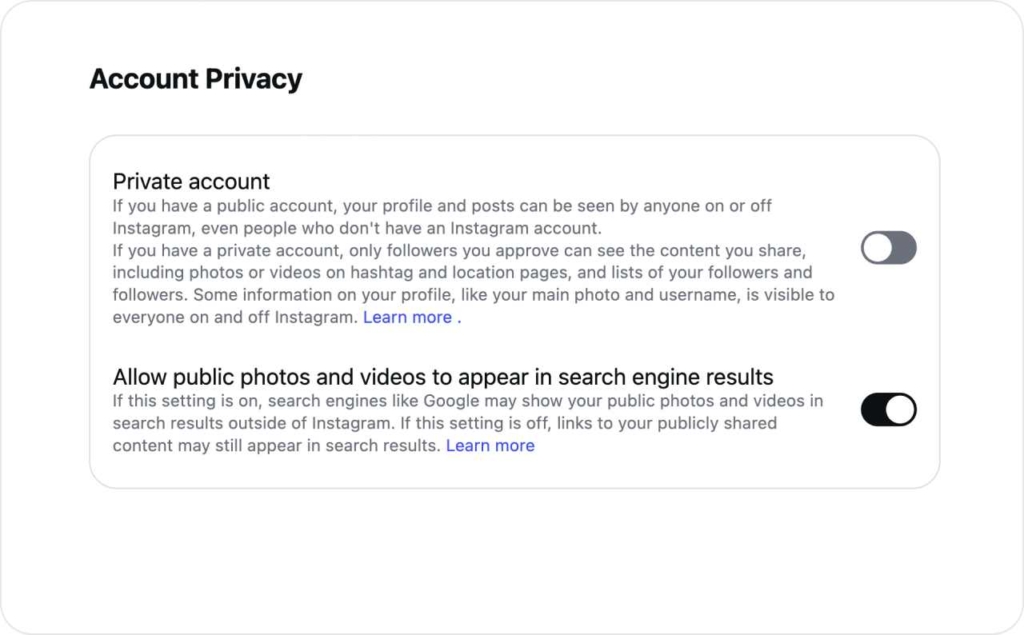 Account privacy web screenshot