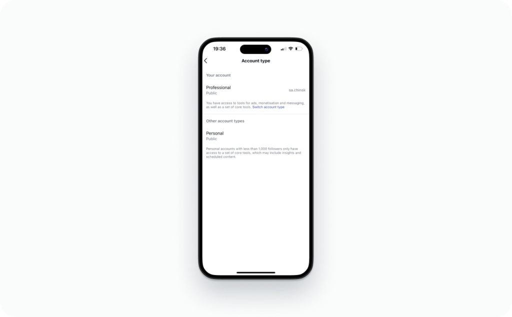 instagram account type screenshot