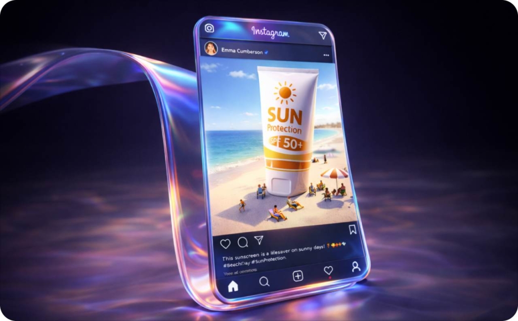Futuristic smartphone displaying an Instagram-style beach advertisement featuring a giant SPF 50+ sunscreen bottle on the sand, with people relaxing nearby, representing an AI social media post generator creating engaging promotional content for brands.