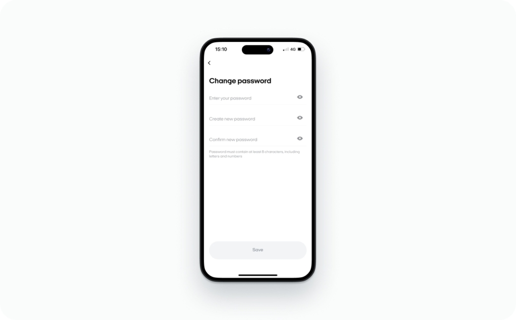 Changing password in Zeely app screenshot