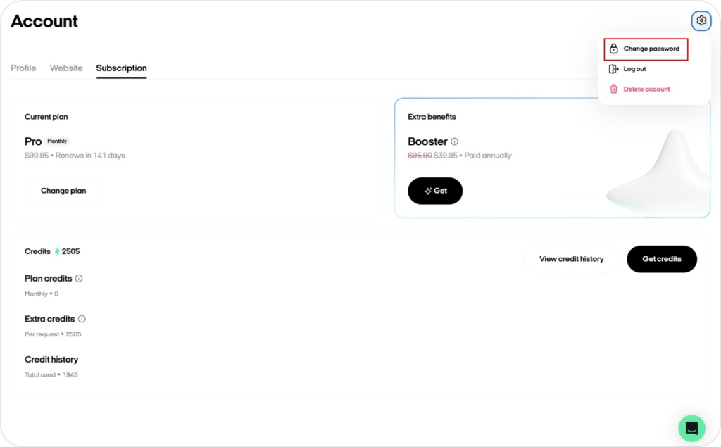 Changing password from web screenshot