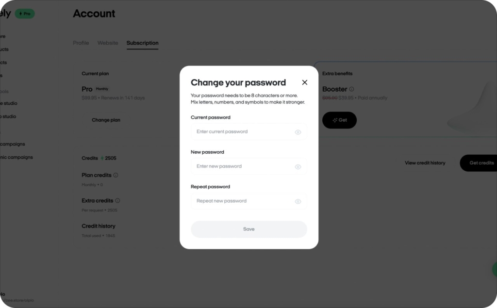 Changing password from Zeely web screenshot
