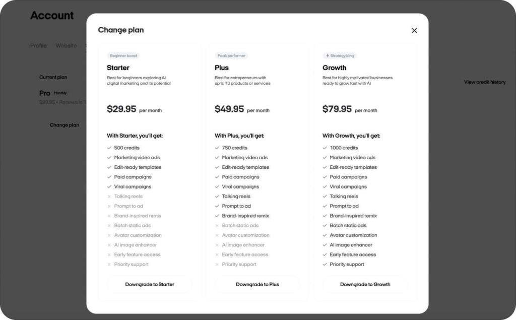 Zeely AI plans screenshot