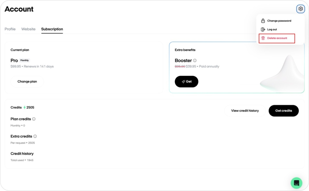 Deleting account from web screenshot