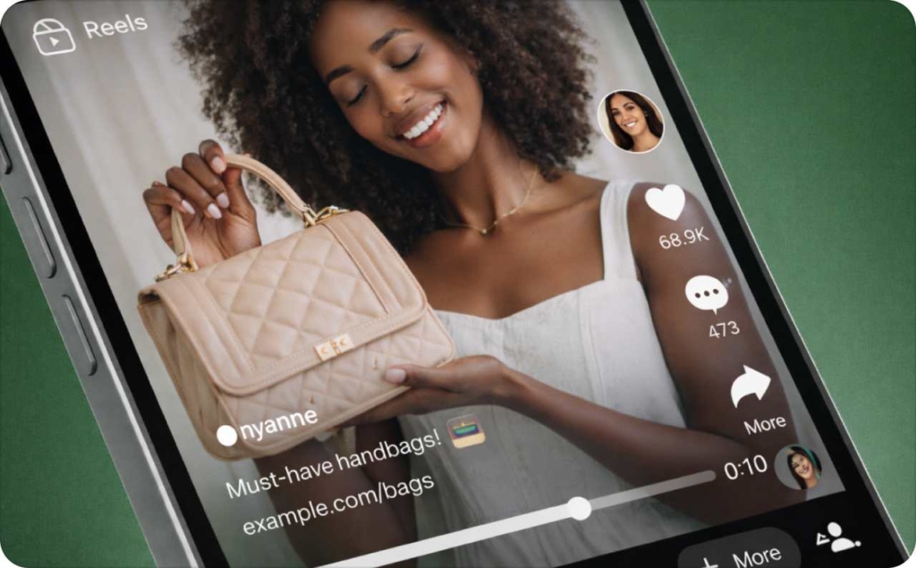Smartphone screen displaying an Instagram Reel of a woman holding a handbag with engagement icons visible, illustrating How long can Instagram Reels be and typical Reel video format.