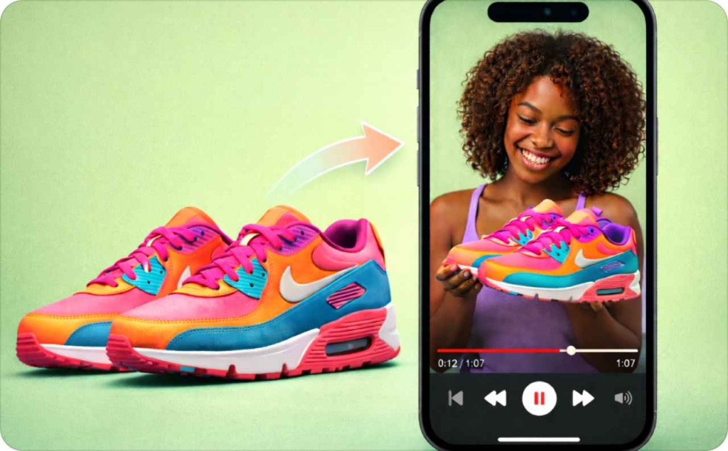 A vibrant AI-generated video ad showing colorful sneakers transitioning into a smartphone screen where a smiling woman presents the same shoes, demonstrating how AI video ads with Zeely can transform static product images into engaging video content.