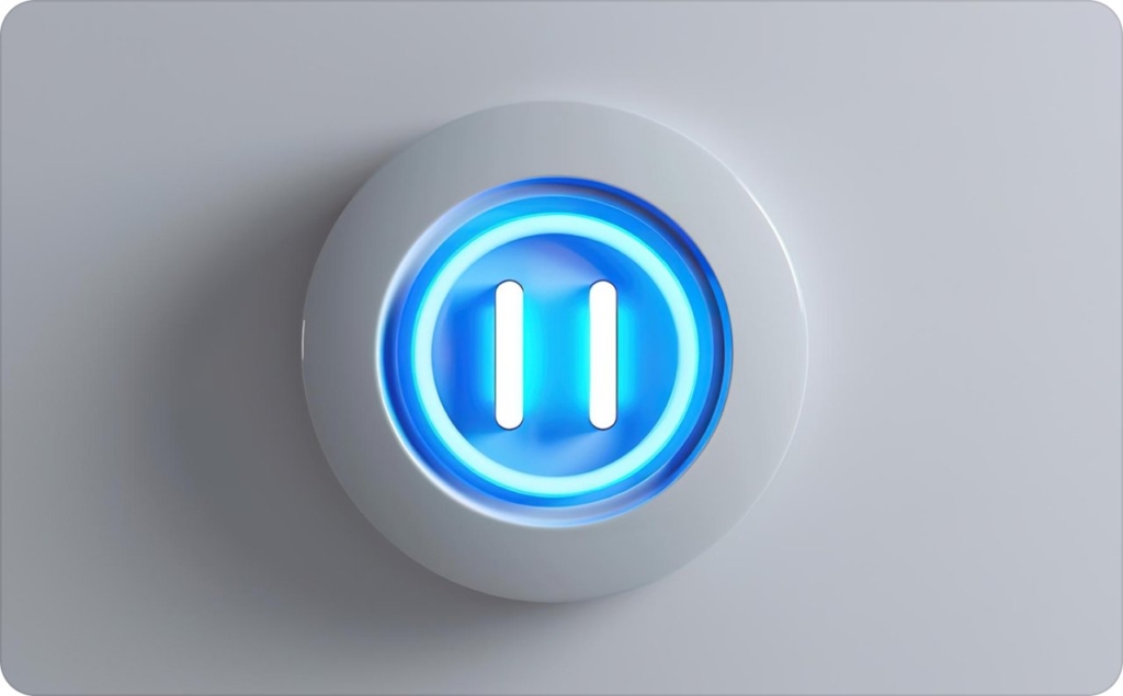 Blue glowing pause button icon on a neutral background, representing how to pause Instagram Reels while watching a video.