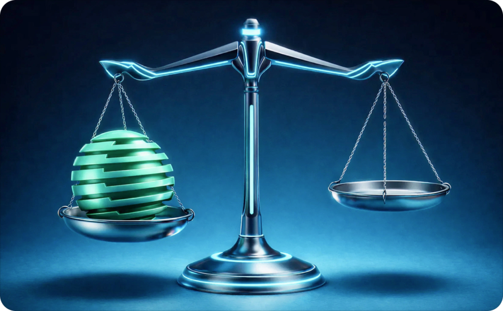 A digital scale with a glowing green sphere outweighing an empty pan, symbolizing balance — raising the question: is Zeely legit?