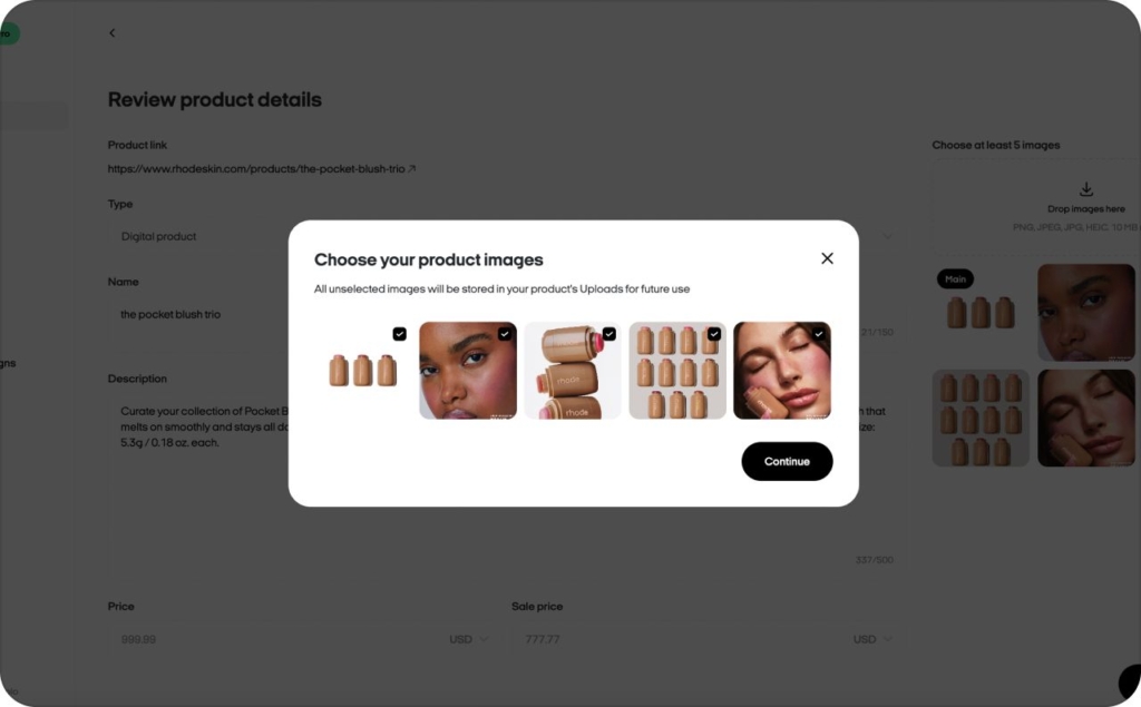 Zeely AI creating product with URL screenshot example