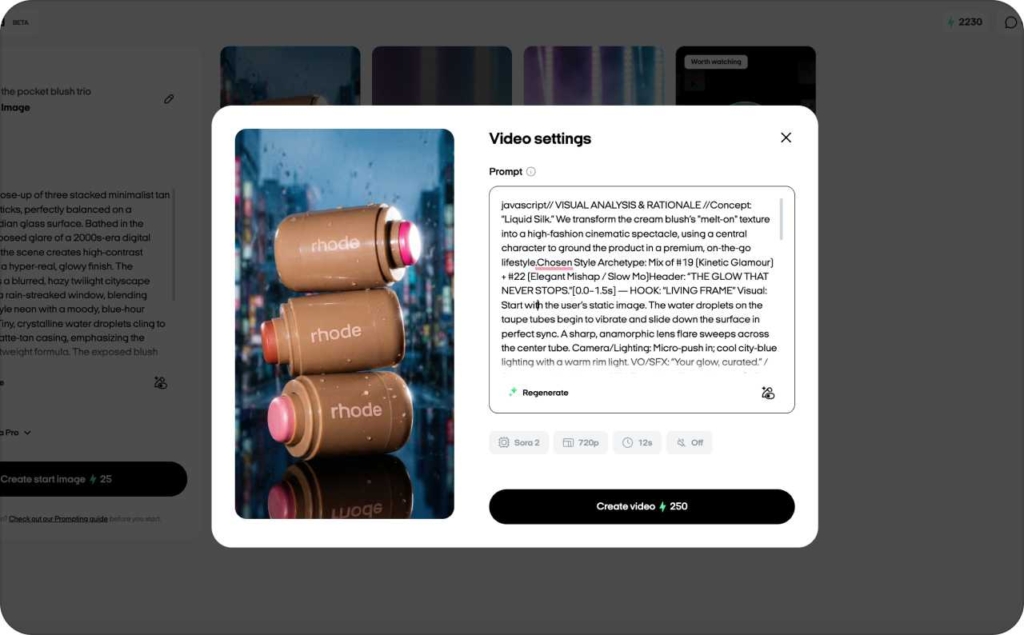 Zeely AI video settings with prompt screenshot