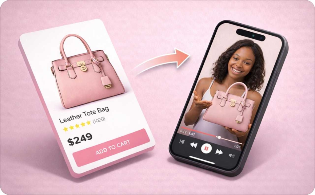 Website to video AI example showing a leather tote bag product page transformed into a promotional product video on a smartphone screen.
