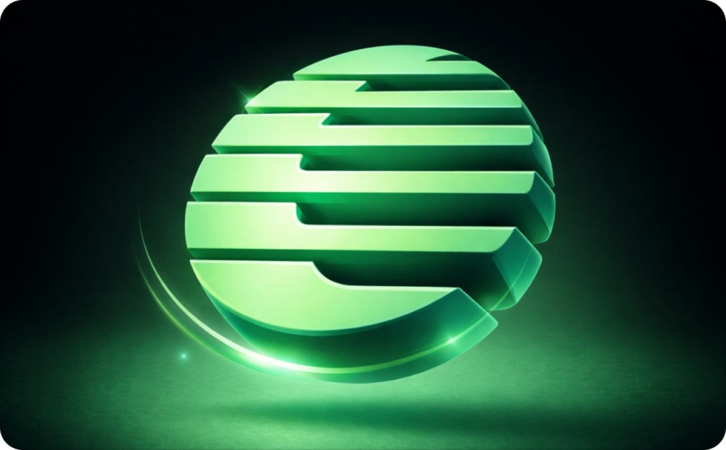 3D glowing green spherical logo with layered lines on a dark background, visually representing innovation and technology, related to Zeely AI features.