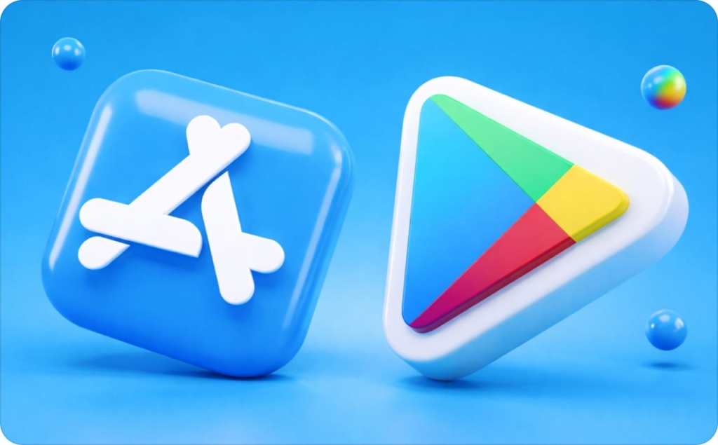 3D icons of the Apple App Store and Google Play Store on a blue background, representing platforms where users can download the Zeely App.