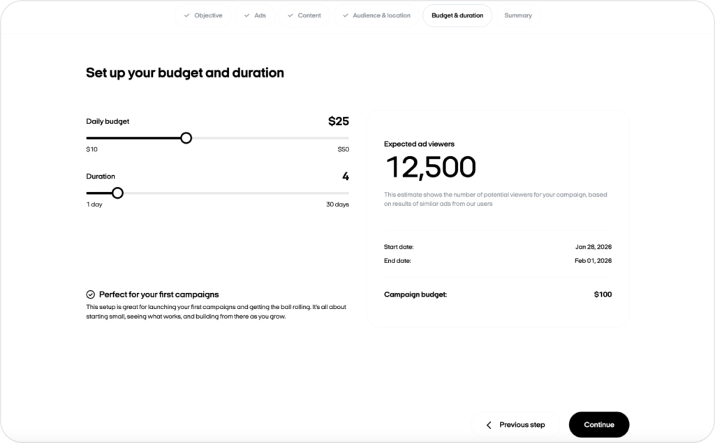 Zeely AI studio setting up budget for campaign screenshot