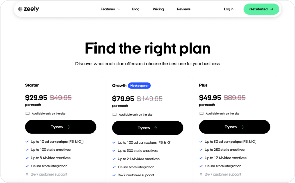 Zeely AI pricing page screenshot