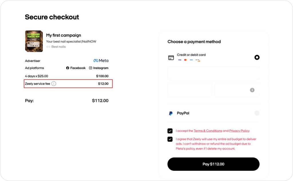 Zeely AI studio, screenshot of Zeely service fee