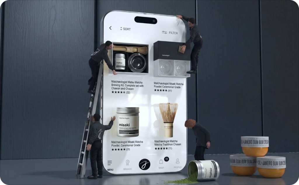 Miniature workers arranging matcha products on a giant smartphone shopping interface, illustrating product merchandising with the Best Shopify apps in an e-commerce concept scene