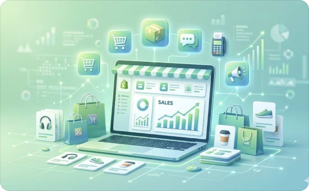 Illustration of an eCommerce dashboard on a laptop showing sales analytics, products, and marketing tools, surrounded by shopping icons and digital integrations, representing the Best Shopify apps for growing an online store.