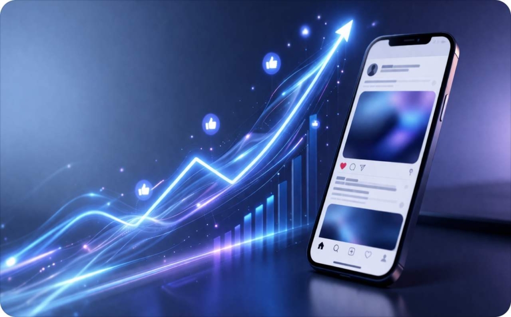 Smartphone displaying a social media feed with rising engagement icons and a glowing upward graph, illustrating strategies to improve Facebook ad CTR and boost performance.