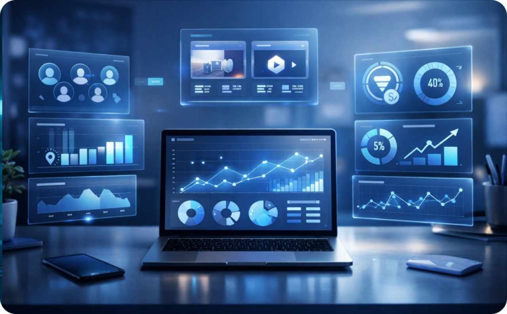 Laptop displaying marketing analytics dashboard with performance charts, conversion rates, and data reports, illustrating Facebook ads benchmarks and campaign performance analysis.