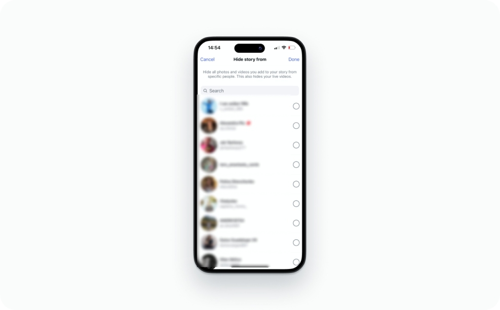 Hiding story from someone on Instagram screenshot