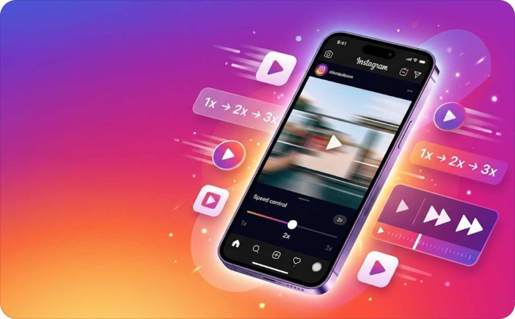 Illustration of a smartphone displaying Instagram video controls with a speed slider and play icons, representing how to speed up video on Instagram using playback speed options like 1x, 2x, and 3x.