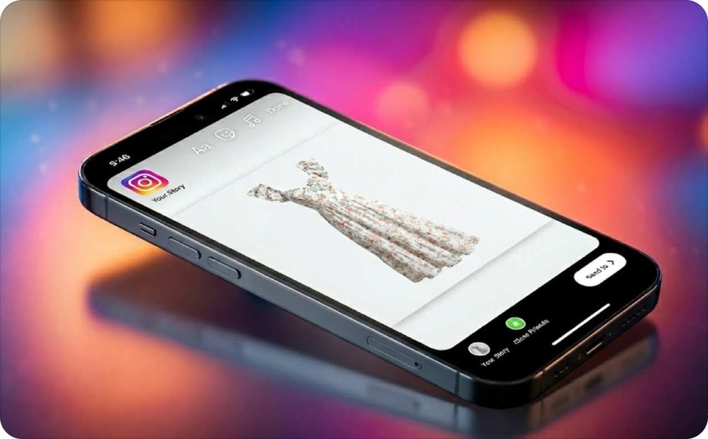Smartphone displaying Instagram Story editor with a product image on screen, illustrating how to perform an Instagram Story change background for customized visuals.