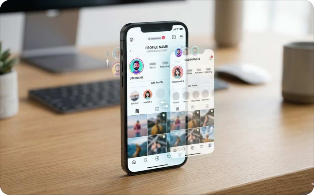 Create a second Instagram account with ease using a modern, intuitive interface designed for seamless profile switching and content management. This minimalist visual showcases a sleek smartphone displaying an Instagram-style profile screen, enhanced with floating UI elements that suggest multiple accounts and smooth navigation. Perfect for illustrating how users can manage more than one identity—whether for personal use, business branding, or content creation—this clean, pastel-toned composition highlights the simplicity and flexibility of handling multiple Instagram accounts in a stylish, user-friendly environment.