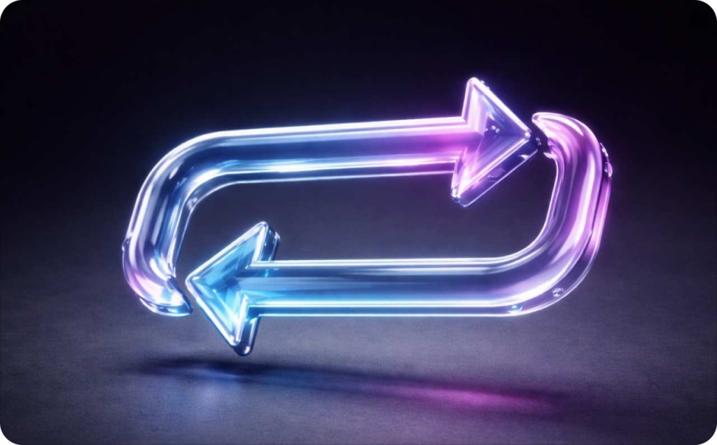 Illustration of glowing blue and purple arrows forming a circular repeat symbol, representing how to loop a video on social media or in a video editor.