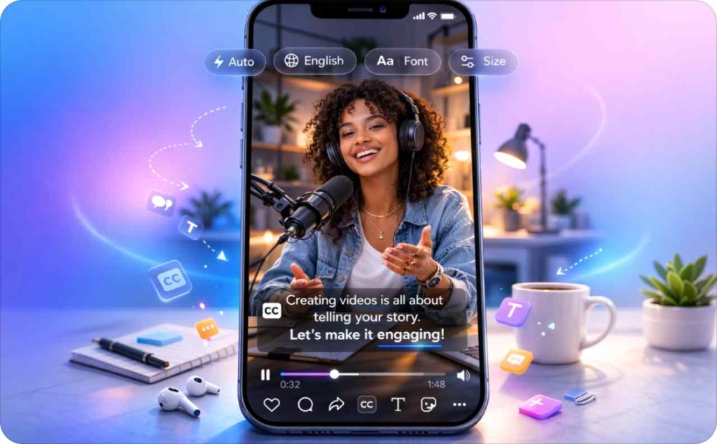 Smartphone screen showing a content creator recording a podcast-style video with captions for video enabled, plus on-screen tools for language, font, and size editing to create accessible subtitles for social media videos.
