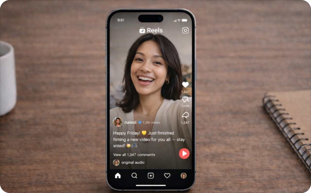 Smartphone displaying an Instagram Reels interface with a smiling woman on screen, illustrating how to post a video on Instagram using the mobile app.