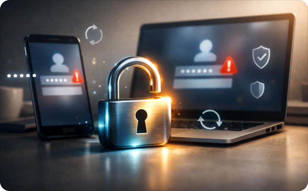 Recover Instagram account securely with this visual showing a locked padlock in front of a smartphone and laptop displaying login screens, warning icons, and password fields, symbolizing account recovery, protection, and cybersecurity measures across devices.