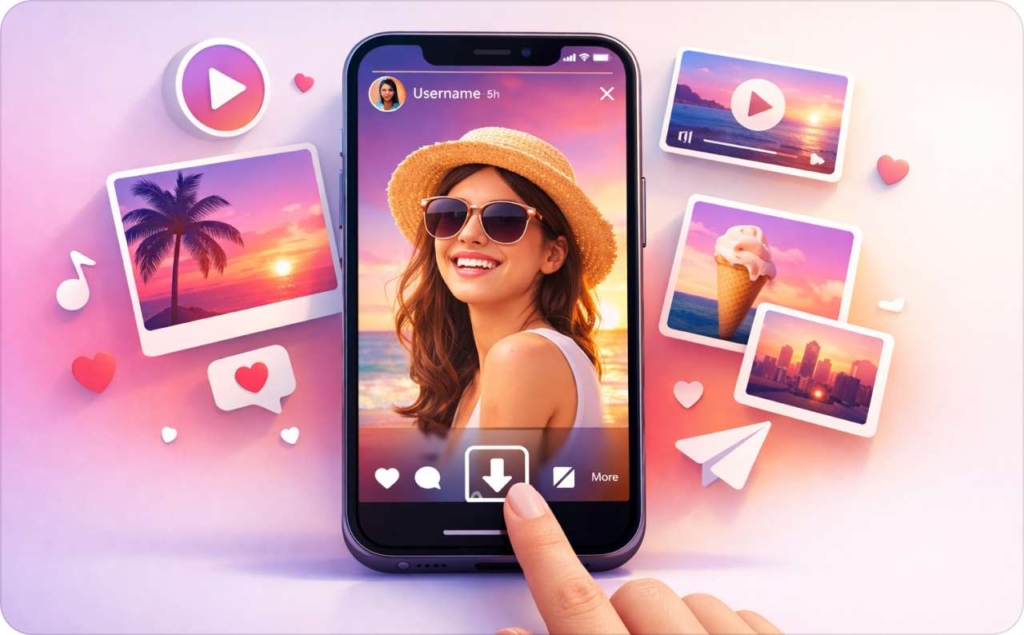 How to Instagram stories: woman smiling in sunglasses and hat on a beach shown on a smartphone screen with social media icons, highlighting saving and sharing story content