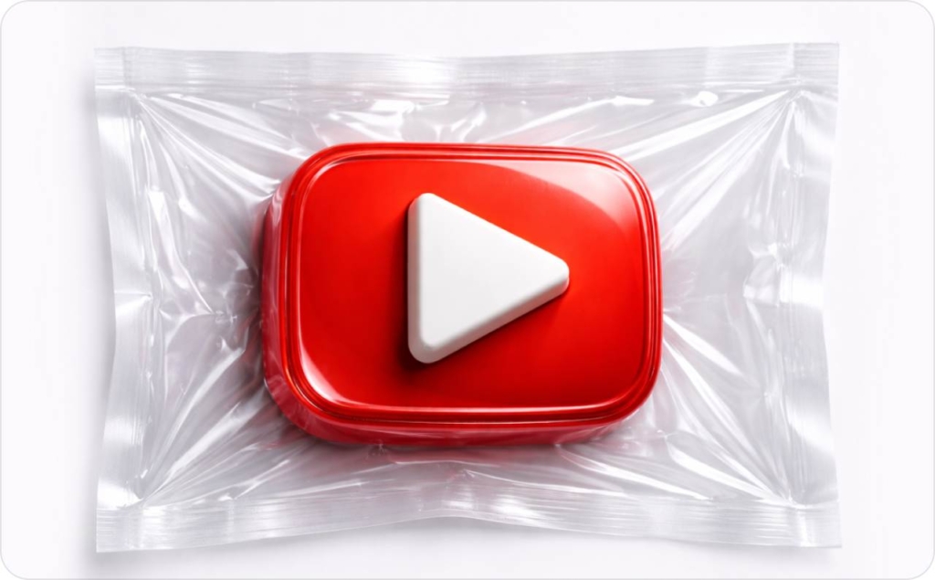 YouTube play button icon wrapped in clear plastic packaging, symbolizing how to share a youtube video on Instagram across platforms.