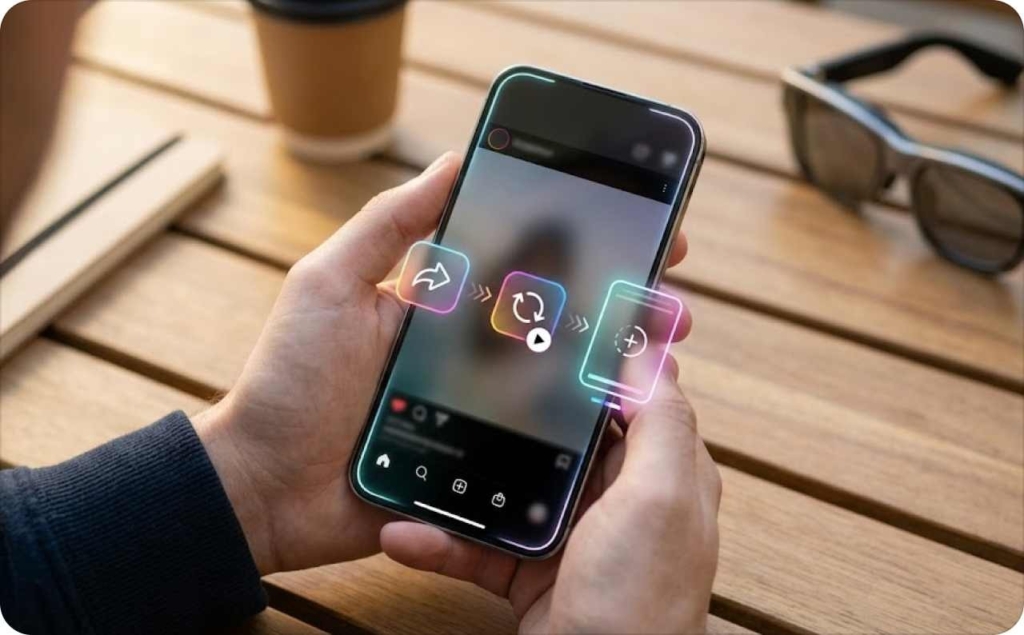 Person holding a smartphone showing an Instagram video interface with sharing and looping icons, illustrating how to repost videos on Instagram quickly and easily.