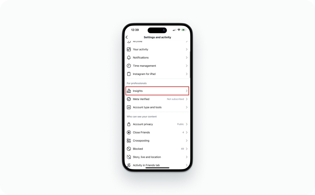 Settings and activity on Instagram screenshot