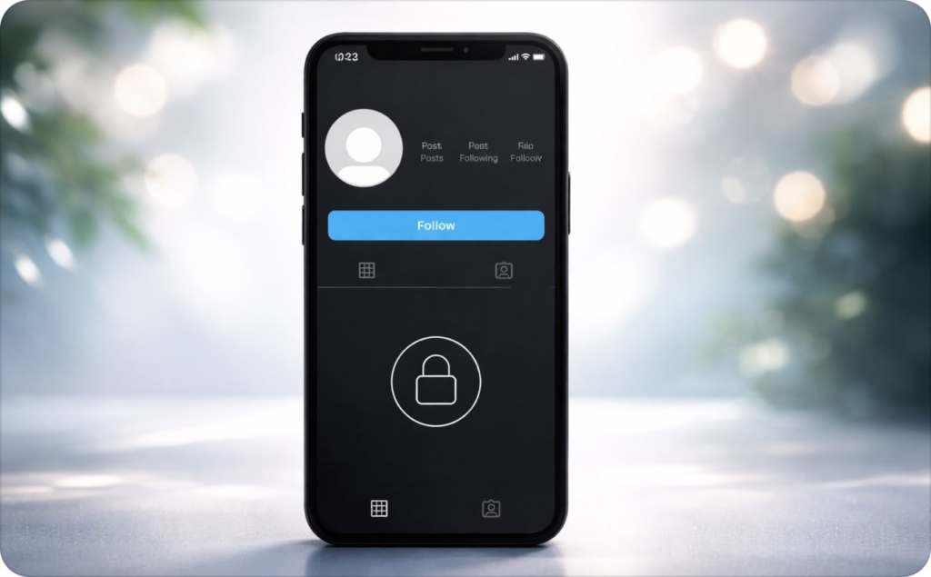 Smartphone displaying an Instagram profile screen with a lock icon and follow button, representing steps to make Instagram private and control account privacy settings.