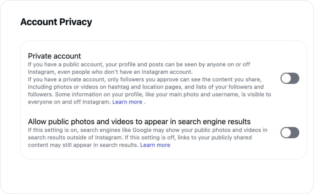 Account privacy on desktop (web) screenshot