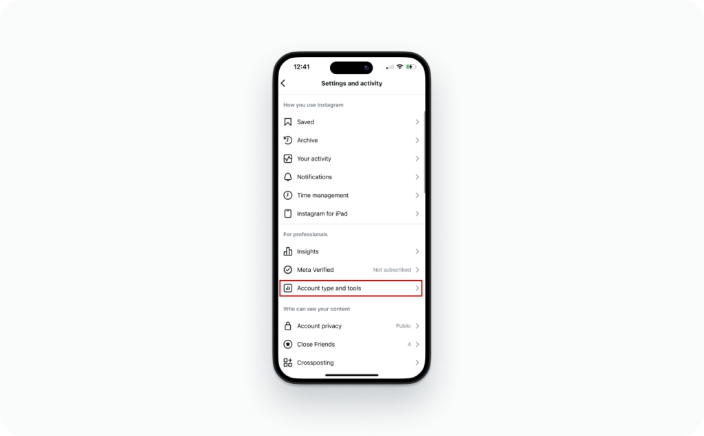 Instagram settings and activity screenshot