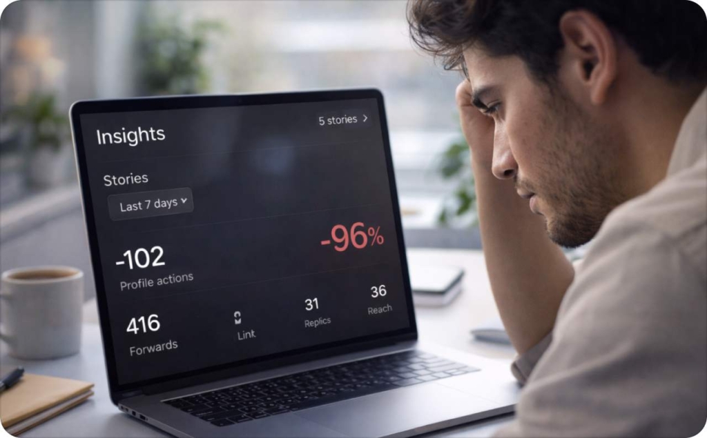 Man looking concerned at a laptop screen showing declining social media insights and metrics, illustrating a situation where Instagram Stories not working properly or experiencing performance issues.