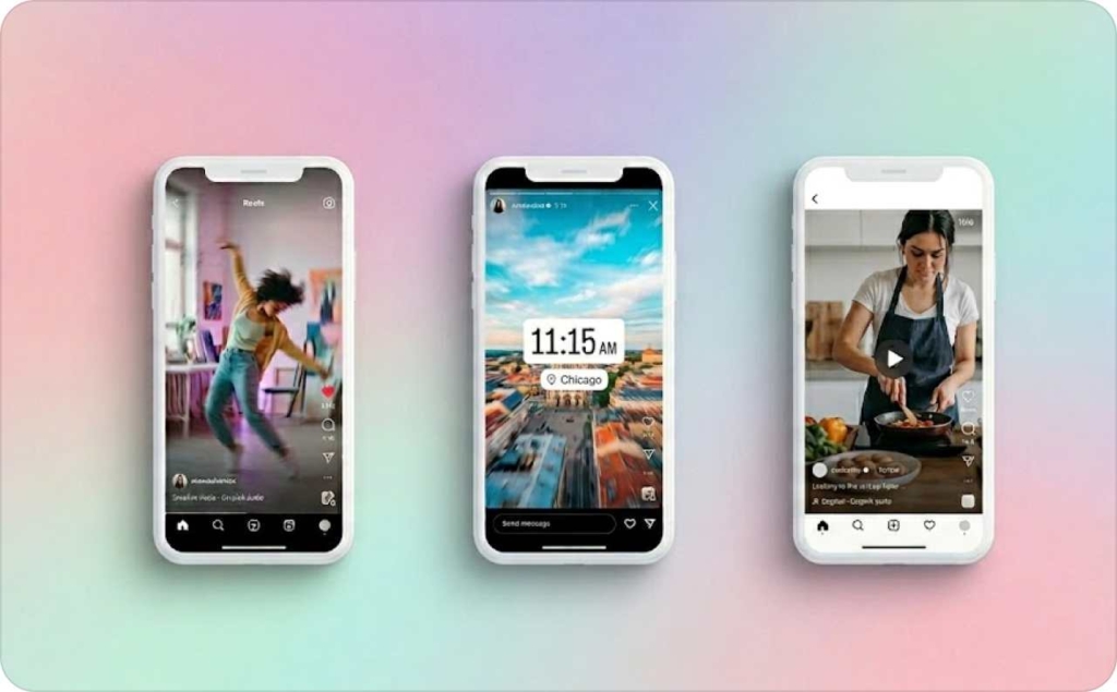Reels vs Stories vs Feed Video comparison shown on three smartphones displaying different Instagram formats, including a vertical Reel, a Story with location and time sticker, and a Feed video post, highlighting content differences in a clean pastel background layout.