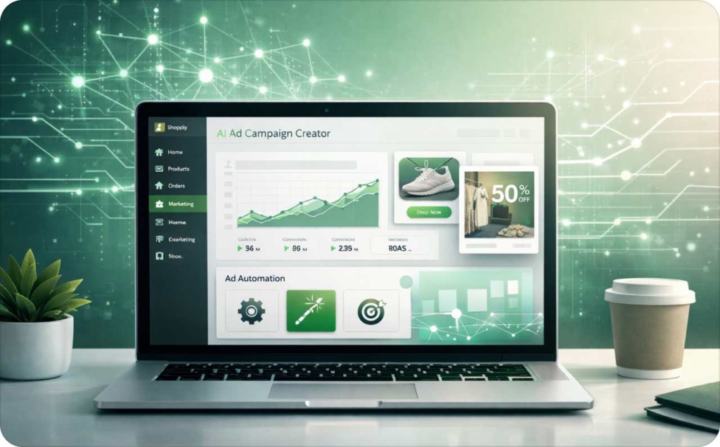 Shopify AI ads dashboard displayed on a laptop screen, showing an AI ad campaign creator interface with performance charts, product creatives, and automation tools, set against a modern digital background with network connections and a clean workspace setup.