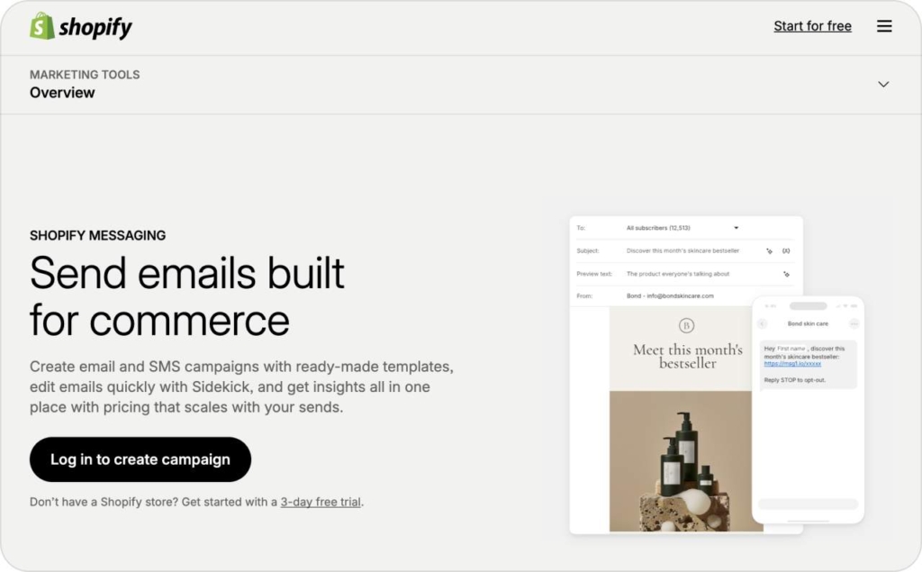 Shopify Email landing page screenshot