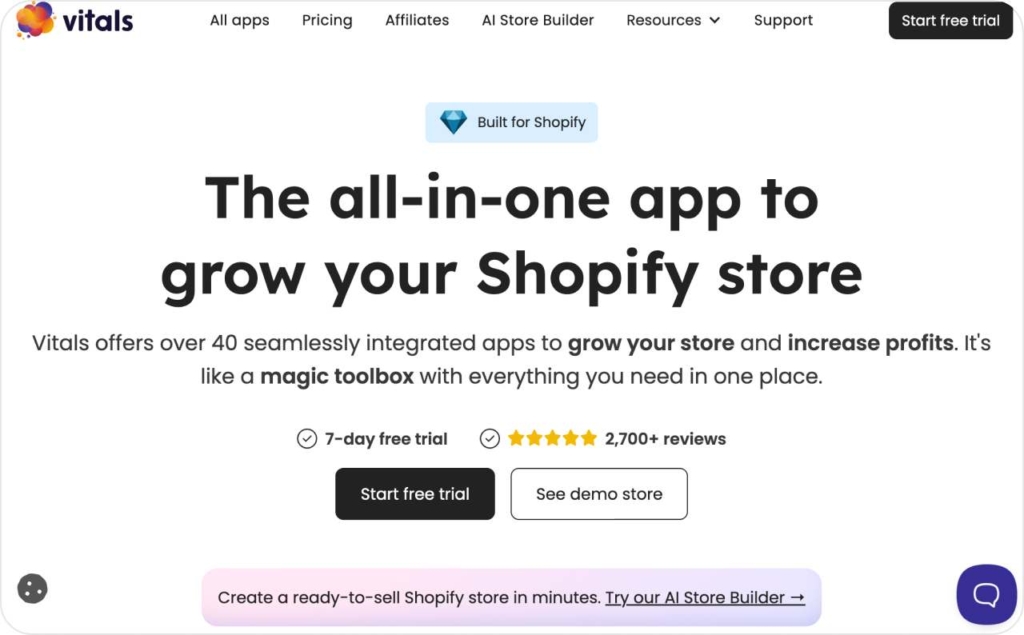 Vitals landing page screenshot