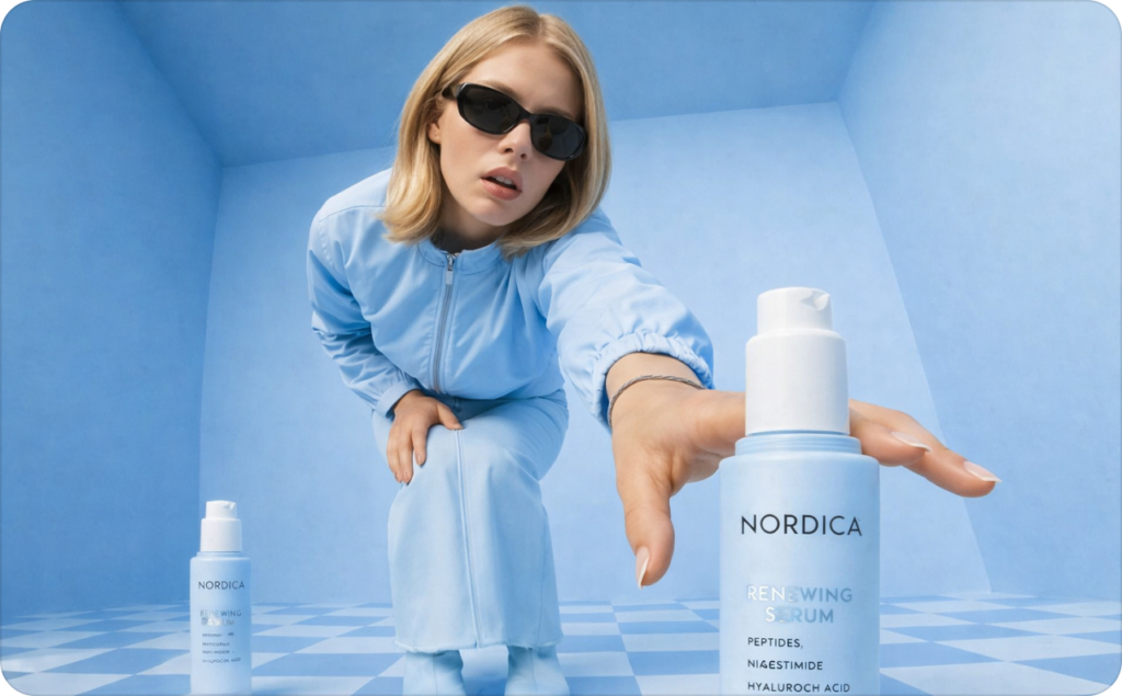 AI avatar video ads examples featuring a Scandinavian-looking female model in a minimalist baby blue room, wearing a matching blue outfit and black sunglasses, reaching toward a skincare serum bottle in the foreground, with a clean geometric floor and sof