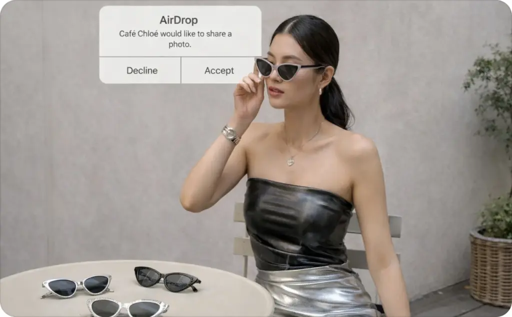 Stylish woman in sunglasses sitting at a café table with multiple pairs of eyewear, adjusting her glasses while an AirDrop notification appears on screen, illustrating a modern lifestyle concept for AI avatar video ads.