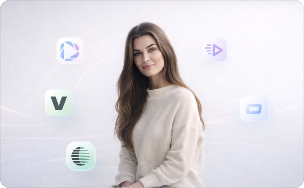Minimalist 16:9 banner showing a calm, confident woman styled as a realistic AI avatar, centered against a soft white gradient background. Subtle glowing lines and light effects add a futuristic touch, while floating app-style icons (HeyGen, VEED, Synthesia, Creatify, and Zeely) surround her in a clean, balanced layout—representing the Best AI Avatar generators.
